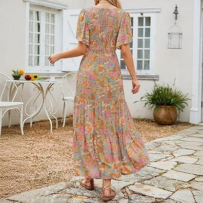 ⏰Promotion exceptionnelle : 50 % de réduction👗Robe longue fluide pour femme, style décontracté, à imprimé floral, manches flottantes, smockée et taille haute