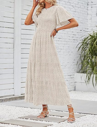 ⏰Promotion exceptionnelle : 50 % de réduction👗Robe longue fluide pour femme, style décontracté, à imprimé floral, manches flottantes, smockée et taille haute