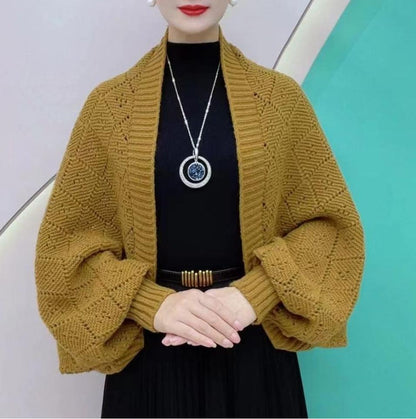 Cardigan-châle Tricoté Élégant à Motifs Ajourés pour Femmes