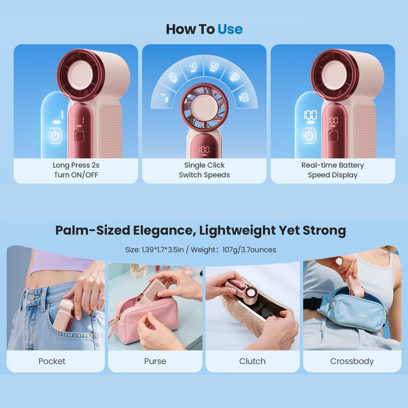 🌀💨Mini ventilateur portable avec affichage LED –👍 Ventilateur de poche turbo 5 vitesses.✨ Rechargeable par USB, refroidissement rapide idéal pour les voyages et le maquillage. Cadeau parfait. Réfrigération portable.