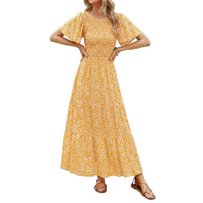 ⏰Promotion exceptionnelle : 50 % de réduction👗Robe longue fluide pour femme, style décontracté, à imprimé floral, manches flottantes, smockée et taille haute