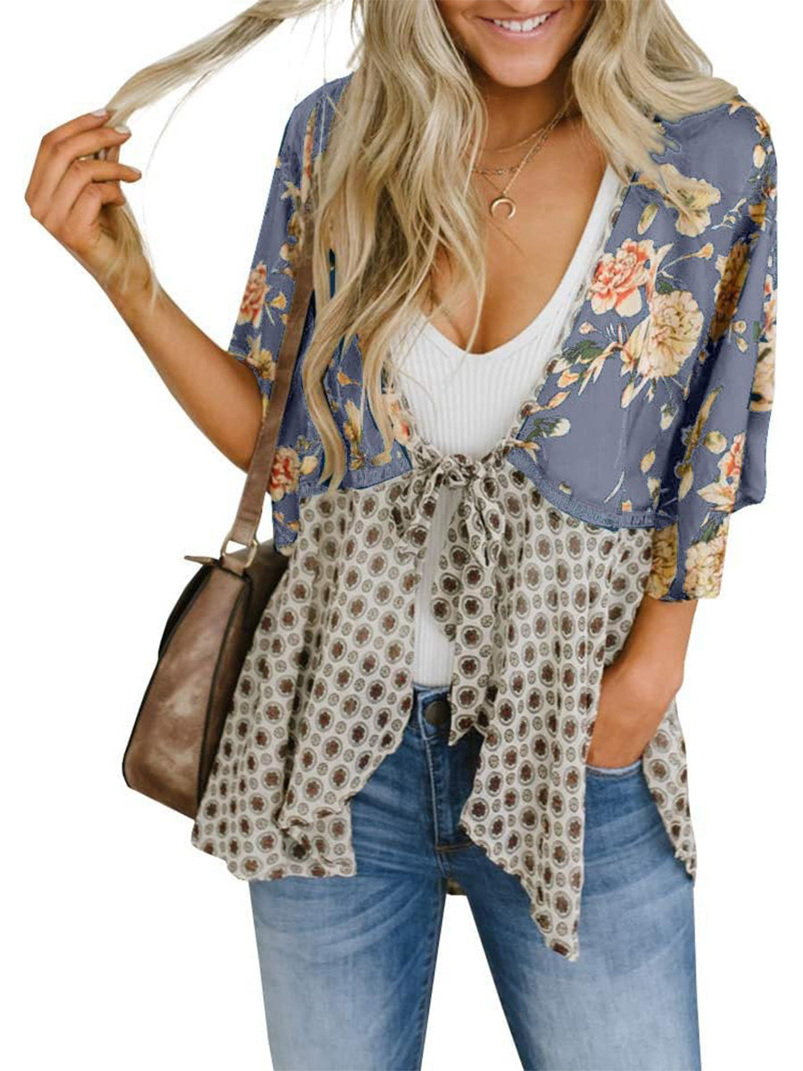 Cardigan pour Femme à Motif Floral avec Manches à Volants et Nœud