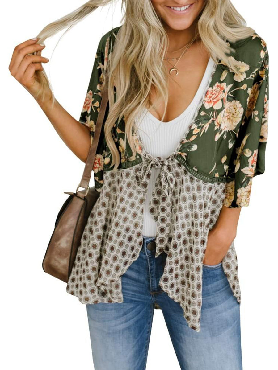 Cardigan pour Femme à Motif Floral avec Manches à Volants et Nœud