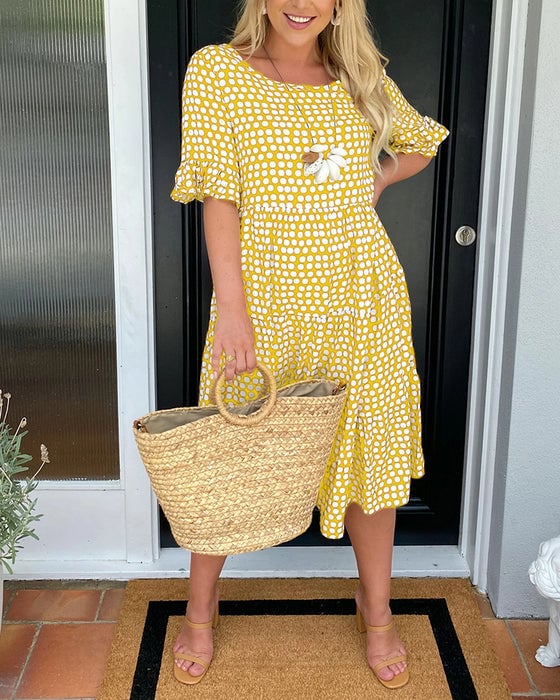 💝VENTE ESTIVALE CHAUDE 50% DE RÉDUCTI💝Robe Midi à Pois et Col Rond