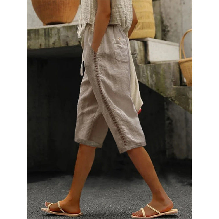 Pantalon capri d’été femme avec dentelle ajourée