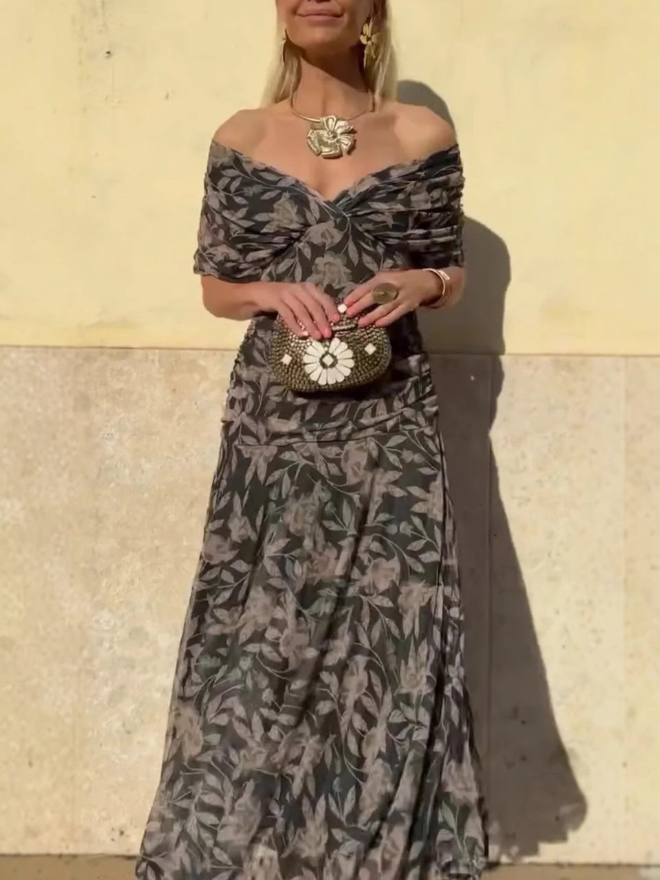 🎁  Vente chaude 49% de réduction 🔥 Robe imprimée à col V hors épaule pour femmes