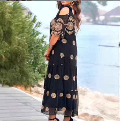 🔥53% de réduction🥰 Robe d'été creuse à manches courtes, jupe longue ample imprimée