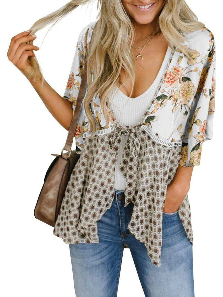 Cardigan pour Femme à Motif Floral avec Manches à Volants et Nœud