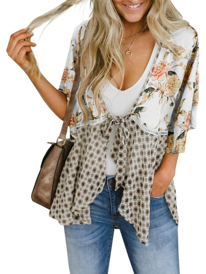 Cardigan pour Femme à Motif Floral avec Manches à Volants et Nœud