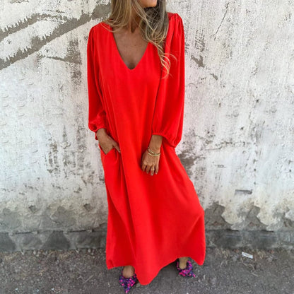 🔥Vente chaude 49% OFF🔥Robe à manches lanterne à col en V de couleur unie