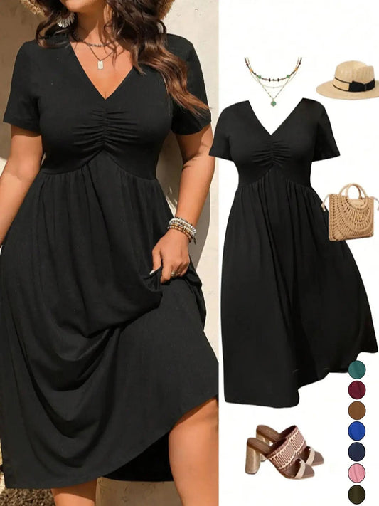 Robe midi grande taille à col V avec volants et manches courtes