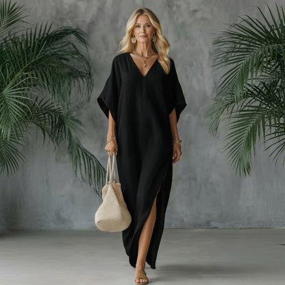 Robe longue décontractée à col en V pour femme