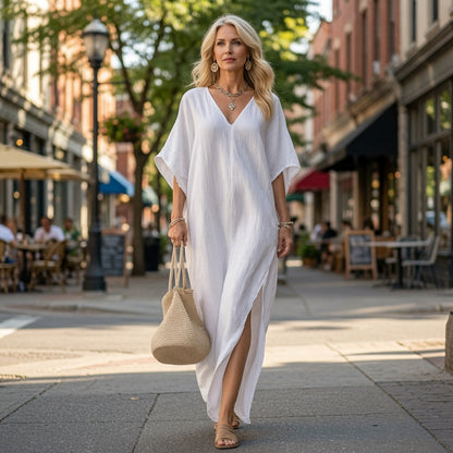 Robe longue décontractée à col en V pour femme