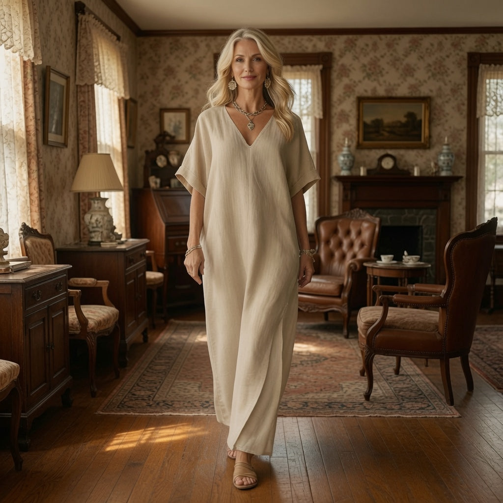 Robe longue décontractée à col en V pour femme