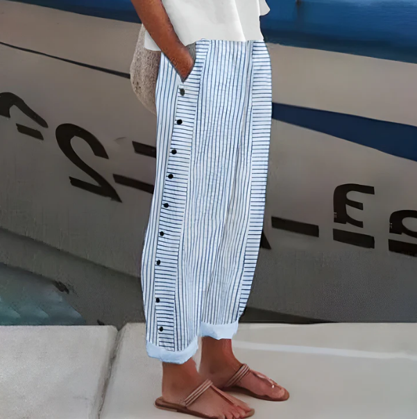 ☀️Promotion de printemps – 50 % DE RÉDUCTION !! 🌿🌸 Pantalon rayé bleu confortable avec poches latérales