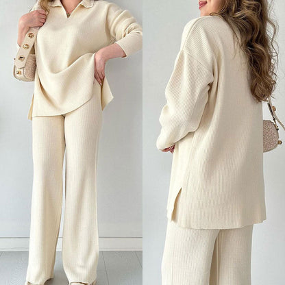 ✨Costume en tricot extensible confortable à col en V pour femme (haut + pantalon)