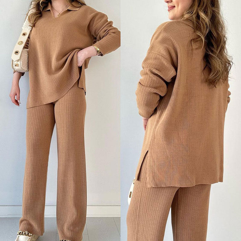 ✨Costume en tricot extensible confortable à col en V pour femme (haut + pantalon)