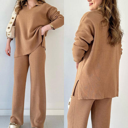 ✨Costume en tricot extensible confortable à col en V pour femme (haut + pantalon)