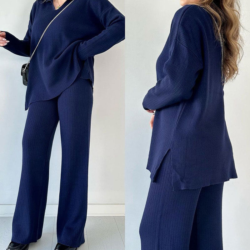 ✨Costume en tricot extensible confortable à col en V pour femme (haut + pantalon)