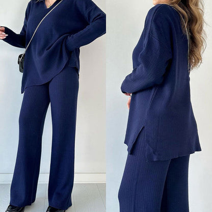 ✨Costume en tricot extensible confortable à col en V pour femme (haut + pantalon)