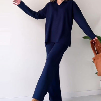 ✨Costume en tricot extensible confortable à col en V pour femme (haut + pantalon)