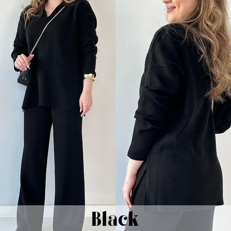 ✨Costume en tricot extensible confortable à col en V pour femme (haut + pantalon)