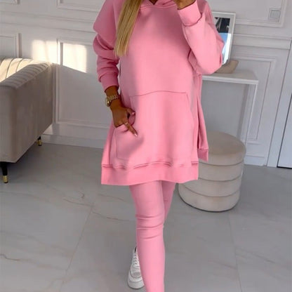 Ensemble deux pièces à capuche et legging doublé de couleur unie pour femmes