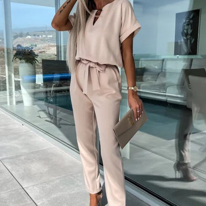 Combinaison Tendance à Manches Courtes à Col en V avec Taille à Nouer pour Femmes