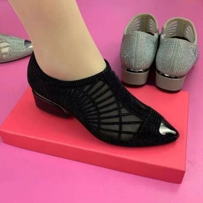 Chaussures Décontractées pour Dames en Maille Respirante à Talon Moyen Épais avec Embellissement en Strass