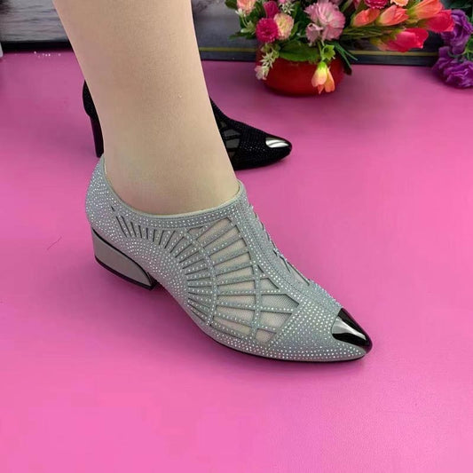 Chaussures Décontractées pour Dames en Maille Respirante à Talon Moyen Épais avec Embellissement en Strass