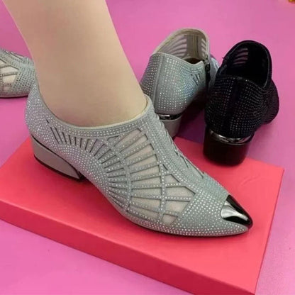 Chaussures Décontractées pour Dames en Maille Respirante à Talon Moyen Épais avec Embellissement en Strass
