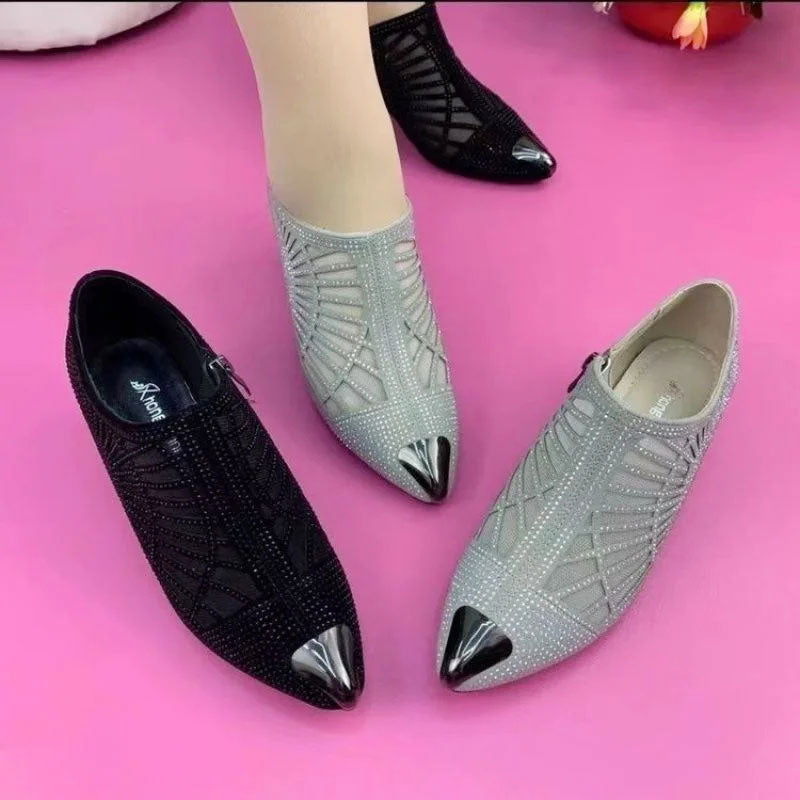 Chaussures Décontractées pour Dames en Maille Respirante à Talon Moyen Épais avec Embellissement en Strass