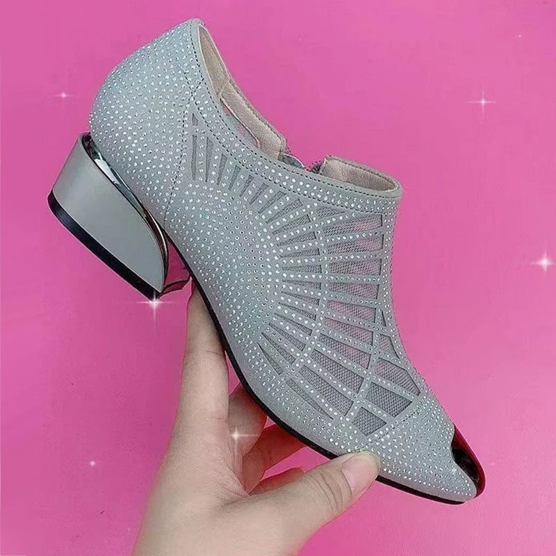 Chaussures Décontractées pour Dames en Maille Respirante à Talon Moyen Épais avec Embellissement en Strass
