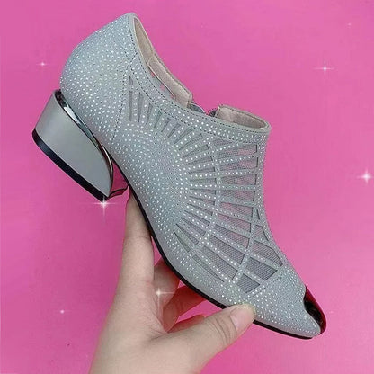 Chaussures Décontractées pour Dames en Maille Respirante à Talon Moyen Épais avec Embellissement en Strass