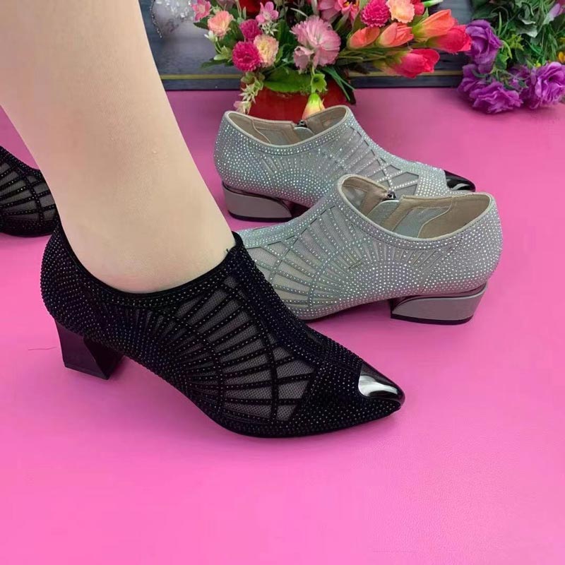 Chaussures Décontractées pour Dames en Maille Respirante à Talon Moyen Épais avec Embellissement en Strass