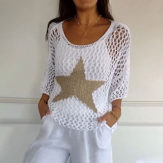 Haut en résille tricoté au crochet à col rond pour femmes