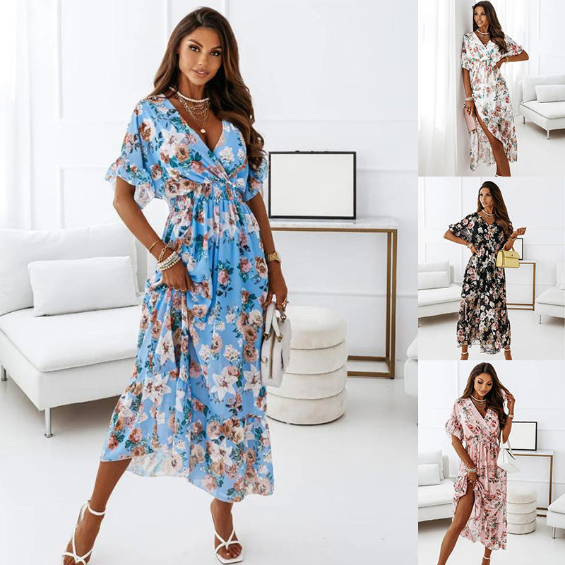 Nouveau style -Robe élégante décontractée à col en V et à motif floral