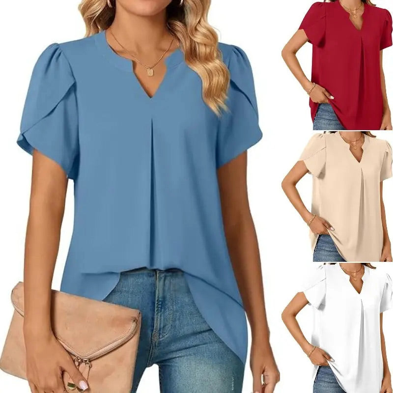 Haut à Manches Courtes de Couleur Unie à Col en V pour Femmes