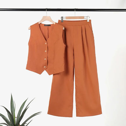 💕Vest de couleur unie et pantalon de jambe large en jeu pour femmes