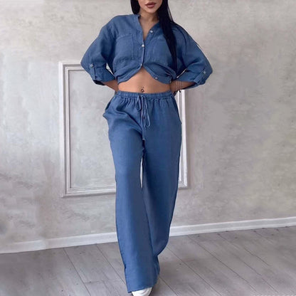 🌿🔥Nouveau Printemps 2025 Soldes - 49%OFF🌿🔥Ensemble 2 pièces pour femmes Chemise boutonnée et pantalon
