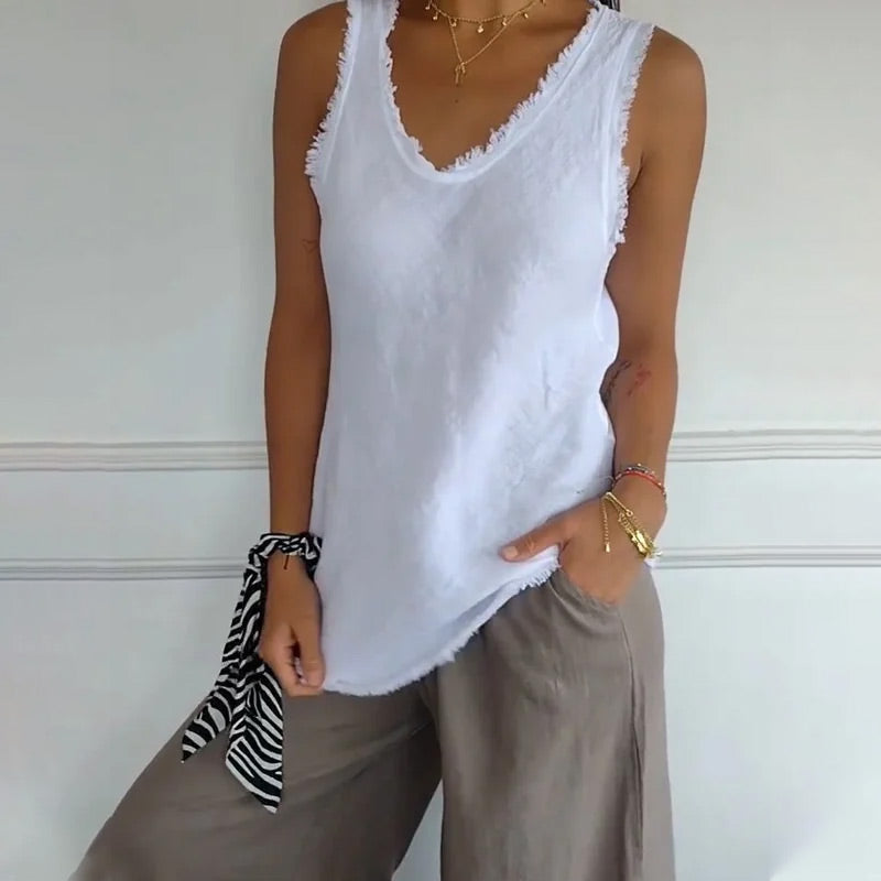 Gilet en col unique dans les tissus en coton et en lin