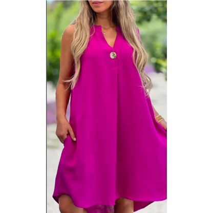 Robe à col en V sans manches à couleurs unis avec décoration de bouton