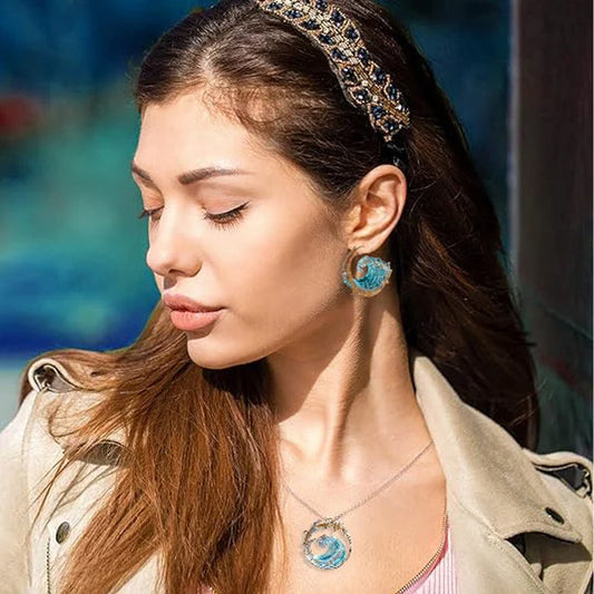 🌊Danseuse à la pointe de la vague--Ensemble collier-bague-boucles d'oreilles bleu élégant