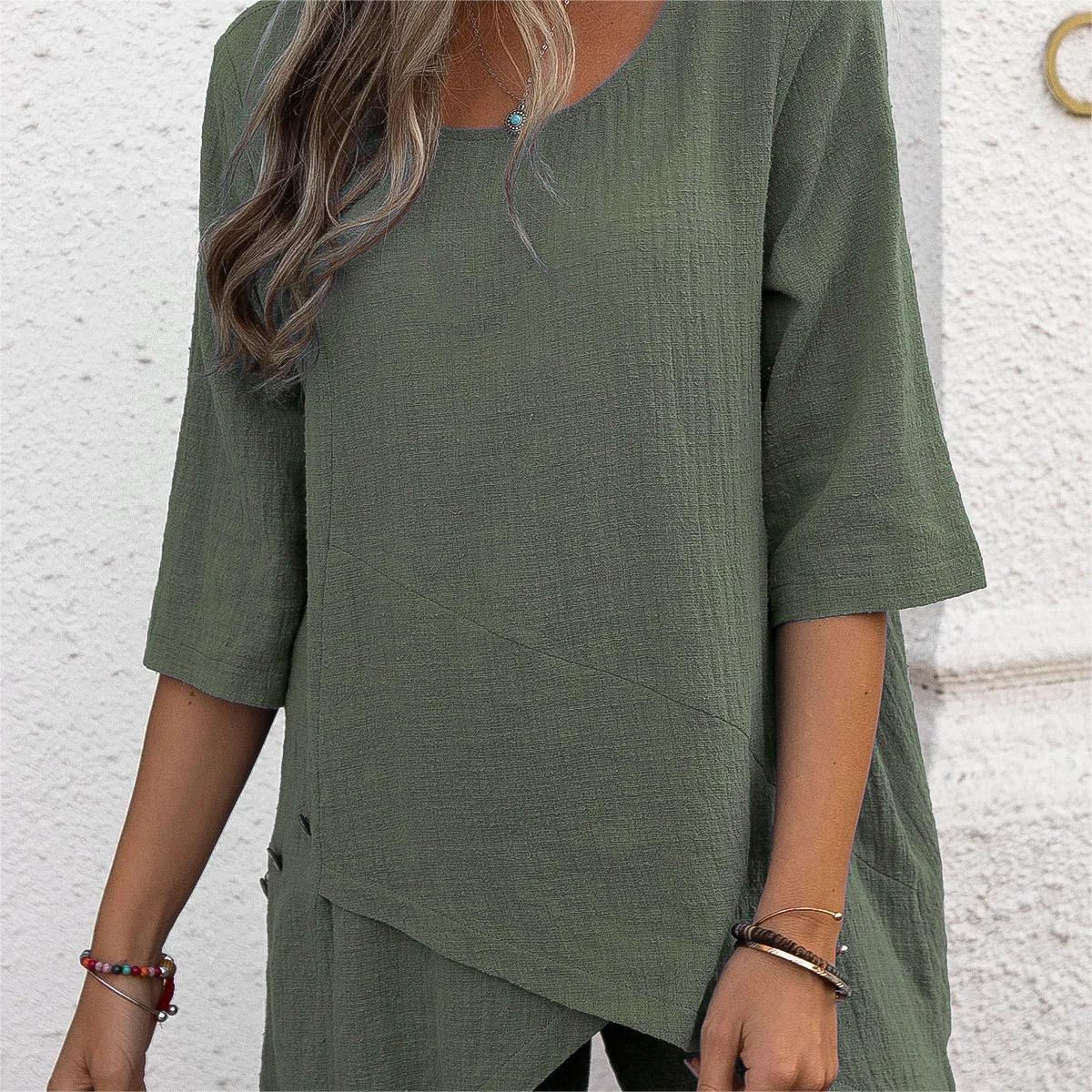 🌿🥰Top loose respirant avec col rond et ourlet irrégulier