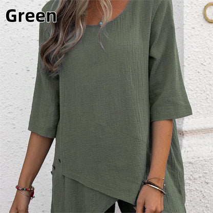 🌿🥰Top loose respirant avec col rond et ourlet irrégulier