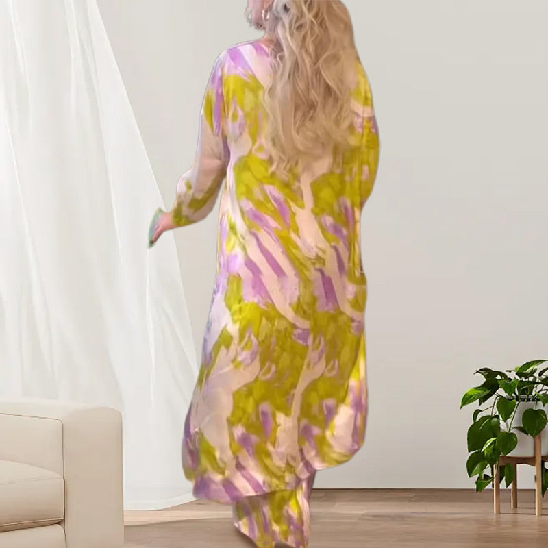 🦋VENTE CHAUDE 50 % DE RÉDUCTION💖Ensemble 2 pièces avec haut et pantalon ample imprimés avec ourlet long dans le dos