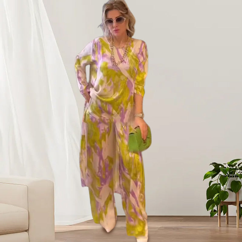 🦋VENTE CHAUDE 50 % DE RÉDUCTION💖Ensemble 2 pièces avec haut et pantalon ample imprimés avec ourlet long dans le dos