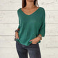 Top en tricot à manches chauve-souris, couleur unie et décolleté en V pour femme