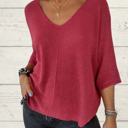 Top en tricot à manches chauve-souris, couleur unie et décolleté en V pour femme