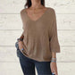 Top en tricot à manches chauve-souris, couleur unie et décolleté en V pour femme